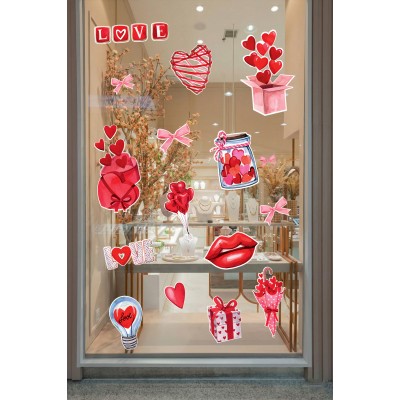 Hediye Kutusu & Kalpler Aşk Temalı Karışık Sticker Seti - Romantik Cam Kapı Duvar Vitrin Dekoru