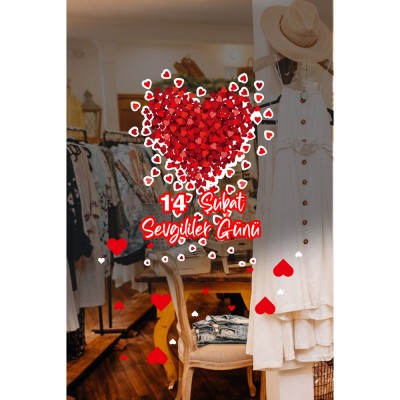 Etrafa Saçılmış Kalpler 14 Şubat Sevgililer Günü Cam Vitrin Oda Stickerı 70cm