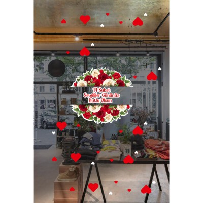 Güller Kalpler Sevgililer Gününüz Kutlu Olsun Cam Vitrin Oda Stickerı 70cm