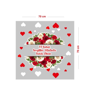Güller Kalpler Sevgililer Gününüz Kutlu Olsun Cam Vitrin Oda Stickerı 70cm
