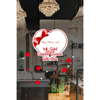 Kalp Happy Valentine’s Day Sevgililer Gününüz Kutlu Olsun Cam Vitrin Oda Stickerı 70cm