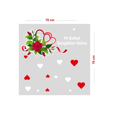 Kalp ve Çiçekler 14 Şubat Sevgililer Günü Cam Vitrin Oda Stickerı 70cm