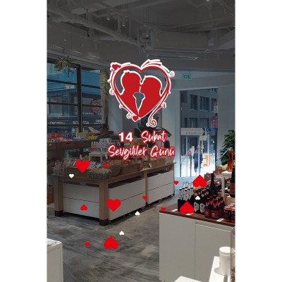 Öpüşen Sevgililer 14 Şubat Sevgililer Günü Cam Vitrin Oda Stickerı 70cm