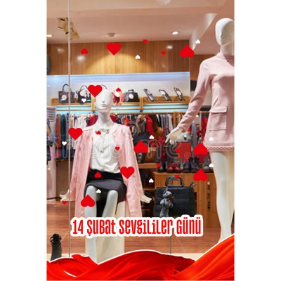 Zarif Bir Detay ve Kalpler Sevgililer Günü Cam Vitrin Oda Stickerı 70cm