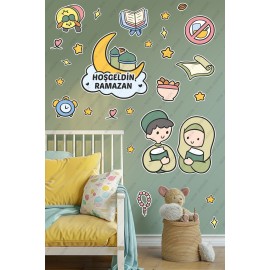 Hoşgeldin Ramazan Sevimli Çocuklar - Ramazan Ayı Temalı Sticker Seti Cam Duvar Süsleri Çocuk Odası