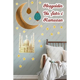Hoşgeldin Ya Şehr-i Ramazan Cami Hilal Ramazan Ayı Temalı Sticker Seti Cam Duvar Süsleri Çocuk Odası