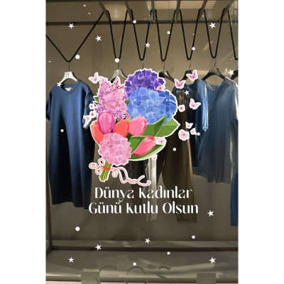 Çiçek Demeti ve Kadınlar Günü Kutlu Olsun Yazısı Vitrin Cam Stickerı