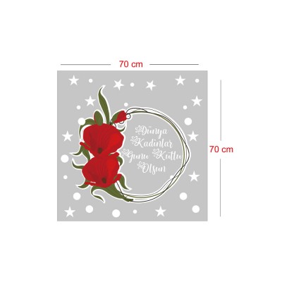 Kırmızı Çiçek ve Kadınlar Günü Kutlu Olsun Yazısı Vitrin Cam Stickerı