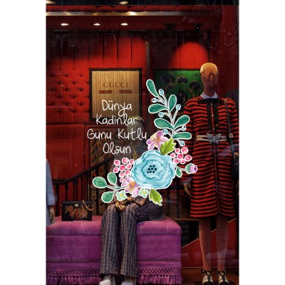 Mavi Çiçek ve Kadınlar Günü Kutlu Olsun Yazısı Vitrin Cam Stickerı