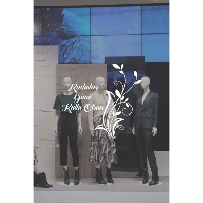 Zarif Çiçek ve 8 Mart Kadınlar Günü Kutlu Olsun Yazısı Cam Vitrin Stickerı 60cm