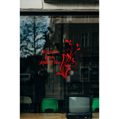 Zarif Çiçek ve 8 Mart Kadınlar Günü Kutlu Olsun Yazısı Cam Vitrin Stickerı 60cm