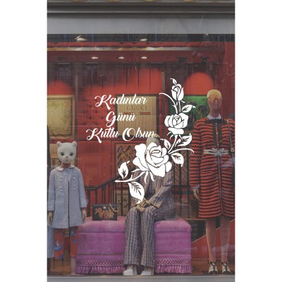 Zarif Güller ve 8 Mart Kadınlar Günü Kutlu Olsun Yazısı Cam Vitrin Stickerı 60cm