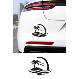 Palmiye Ada Oto Sticker - Tropik Ada Araç Cam Sticker - Yaz Temalı Araba Sticker 15x11cm