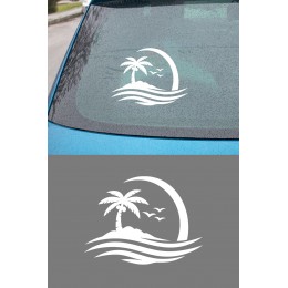 Palmiye Ada Oto Sticker - Tropik Ada Araç Cam Sticker - Yaz Temalı Araba Sticker 15x11cm