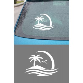 Palmiye Ada Oto Sticker - Tropik Ada Araç Cam Sticker - Yaz Temalı Araba Sticker 15x11cm