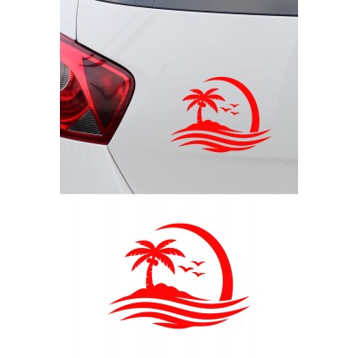 Palmiye Ada Oto Sticker - Tropik Ada Araç Cam Sticker - Yaz Temalı Araba Sticker 15x11cm