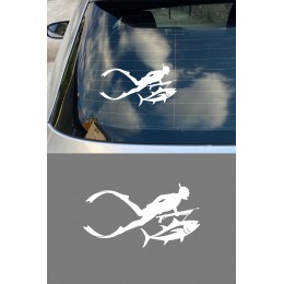 Dalgıç Temalı Oto Stickerı - Balık ve Dalgıç Figürlü Çıkartma - Araba Motor Sticker 15x8cm