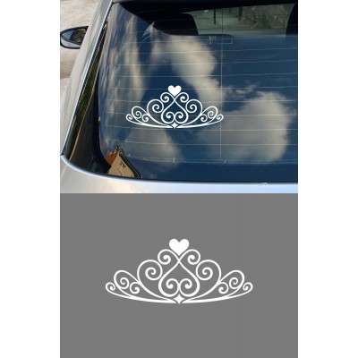 Prenses Taç Oto Sticker - Kalpli Taç Araç Cam Sticker 15x7cm