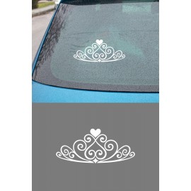 Prenses Taç Oto Sticker - Kalpli Taç Araç Cam Sticker 15x7cm