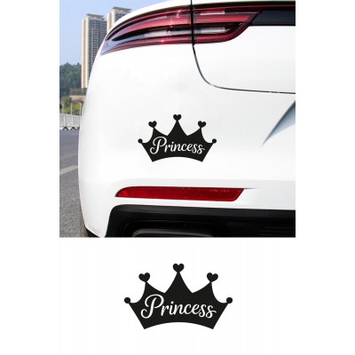 Prenses Yazılı Taç Sticker - Araç Cam Yazı Sticker - Oto Sticker 15x9cm