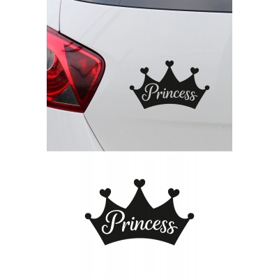 Prenses Yazılı Taç Sticker - Araç Cam Yazı Sticker - Oto Sticker 15x9cm
