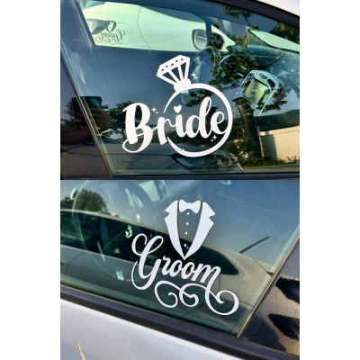 "Bride & Groom" Yazılı Gelin Damat Araba Cam Stickerı - Düğün Arabası Süslemesi - Gelin Damat Yazılı Çıkartma 20cm