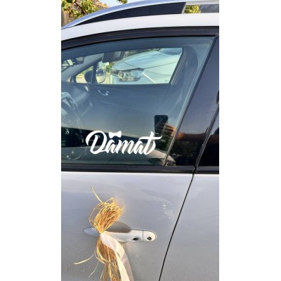 "Gelin & Damat" Yazılı Taçlı Papyonlu Araba Cam Stickerı - Düğün Arabası Cam Sticker Seti - Gelin Damat Yazılı Çıkartma 20cm