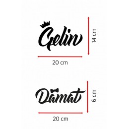 "Gelin & Damat" Yazılı Taçlı Papyonlu Araba Cam Stickerı - Düğün Arabası Cam Sticker Seti - Gelin Damat Yazılı Çıkartma 20cm