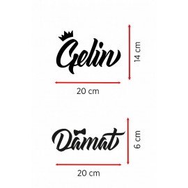 "Gelin & Damat" Yazılı Taçlı Papyonlu Araba Cam Stickerı - Düğün Arabası Cam Sticker Seti - Gelin Damat Yazılı Çıkartma 20cm