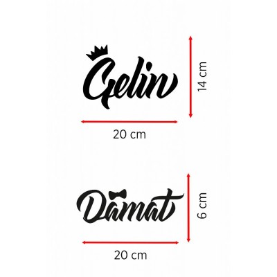 "Gelin & Damat" Yazılı Taçlı Papyonlu Araba Cam Stickerı - Düğün Arabası Cam Sticker Seti - Gelin Damat Yazılı Çıkartma 20cm