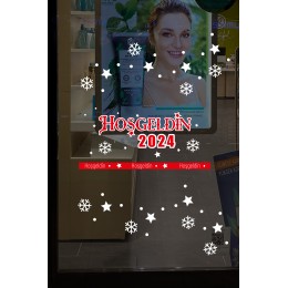 Detaylı Hoşgeldin 2022 Yazısı Kar Taneleri ve Yılbaşı Vitrin Stickerları 70x70cm