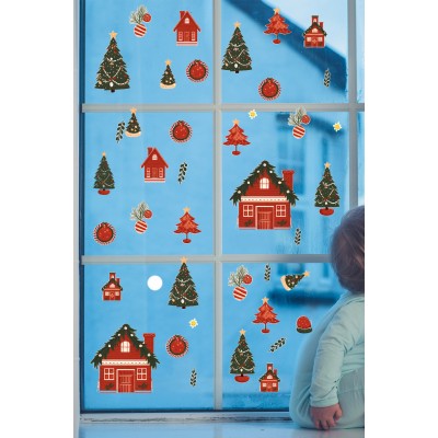Ev ve ağaç paketi Süsleme Yeni Yıl Çocuk Bebek Odası Sticker Seti Ev Vitrin Yılbaşı Stickerı