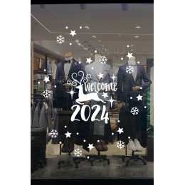 Welcome 2024 Yazısı ve Geyik Yılbaşı Süslemeleri Yeni Yıl Yılbaşı Vitrin Cam Sticker
