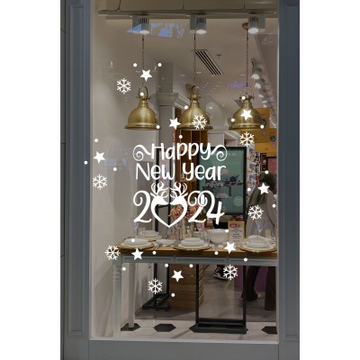 Happy New Year 2024 Yazısı ve Geyikler Yılbaşı Süslemeleri Yeni Yıl Yılbaşı Vitrin Cam Sticker