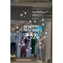 Happy New Year 2024 Yazısı ve Geyikler Yılbaşı Süslemeleri Yeni Yıl Yılbaşı Vitrin Cam Sticker