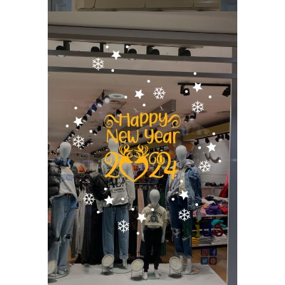 Happy New Year 2024 Yazısı ve Geyikler Yılbaşı Süslemeleri Yeni Yıl Yılbaşı Vitrin Cam Sticker Happy New Year 2024 Yazısı ve Geyikler Yılbaşı Süslemeleri Yeni Yıl Yılbaşı Vitrin Cam Sticker
