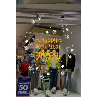 Happy New Year 2024 Yazısı ve Geyikler Yılbaşı Süslemeleri Yeni Yıl Yılbaşı Vitrin Cam Sticker Happy New Year 2024 Yazısı ve Geyikler Yılbaşı Süslemeleri Yeni Yıl Yılbaşı Vitrin Cam Sticker