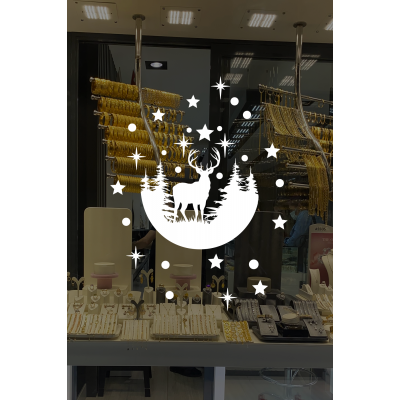  Büyük Ren Geyiği ve Parlak Yıldız ve Kar Taneleri Yeni Yıl Yılbaşı Vitrin Stickerı