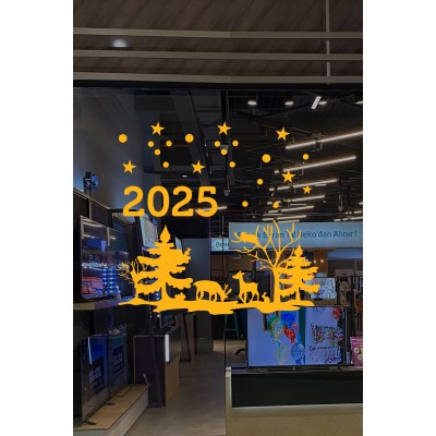Geyikler Çam Ağaçları Kar Taneleri 2025 Yazısı Yılbaşı Süslemeleri