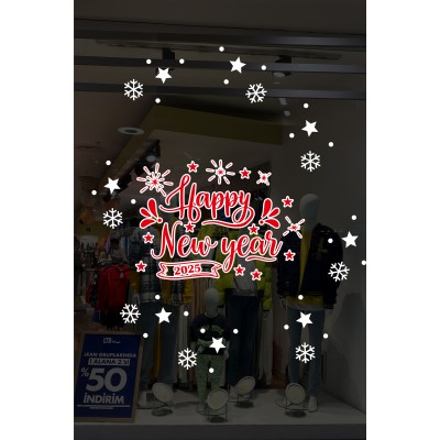 Happy New Year 2025 Yazısı Kar Taneleri ve Yılbaşı Ağacı Vitrin Süslemeleri 70x70cm Happy New Year 2025 Yazısı Kar Taneleri ve Yılbaşı Ağacı Vitrin Süslemeleri 70x70cm