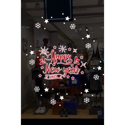 Happy New Year 2025 Yazısı Kar Taneleri ve Yılbaşı Ağacı Vitrin Süslemeleri 70x70cm Happy New Year 2025 Yazısı Kar Taneleri ve Yılbaşı Ağacı Vitrin Süslemeleri 70x70cm