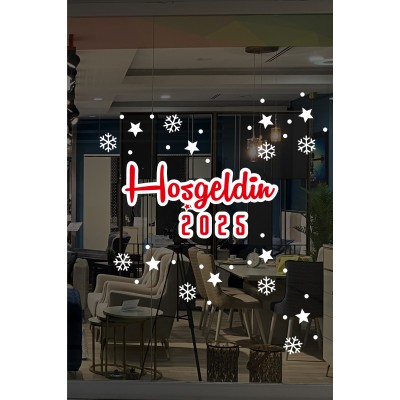 Hoşgeldin 2025 Yazısı Kar Taneleri ve Yılbaşı Vitrin Stickerları 70x70cm