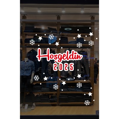 Hoşgeldin 2025 Yazısı Kar Taneleri ve Yılbaşı Vitrin Stickerları 70x70cm Hoşgeldin 2025 Yazısı Kar Taneleri ve Yılbaşı Vitrin Stickerları 70x70cm