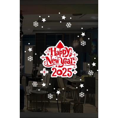 Happy New Year 2025 Yazısı Kar Taneleri ve Yılbaşı Vitrin Stickerları 70x70cm
