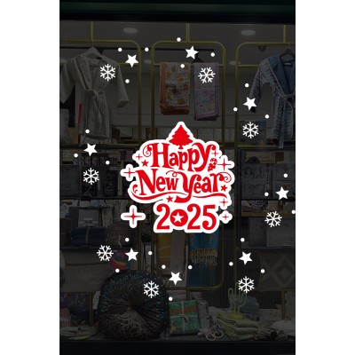 Happy New Year 2025 Yazısı Kar Taneleri ve Yılbaşı Vitrin Stickerları 70x70cm