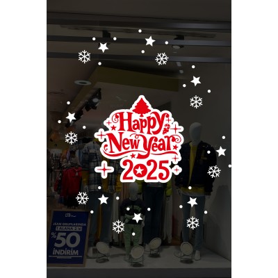 Happy New Year 2025 Yazısı Kar Taneleri ve Yılbaşı Vitrin Stickerları 70x70cm