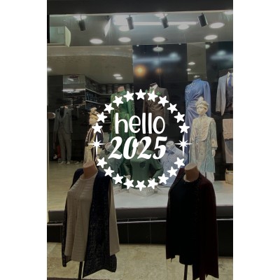 Dönen Yıldızlar ve Hello 2025 Yılbaşı Süslemeleri Yeni Yıl Yılbaşı Vitrin Cam Sticker