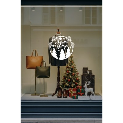 Yeni Yıla Özel Mutlu Yıllar Yazısı Yılbaşı Ağacı Süslemeleri ve Kar Tanesi Yılbaşı Stickerları