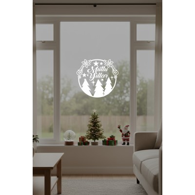 Yeni Yıla Özel Mutlu Yıllar Yazısı Yılbaşı Ağacı Süslemeleri ve Kar Tanesi Yılbaşı Stickerları