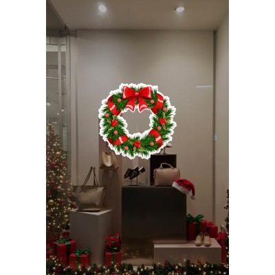 Kurdelalı Yılbaşı Kapı Tacı Süsü Vitrin Sticker Yapıştırma Yılbaşı Cam Kapı Sticker